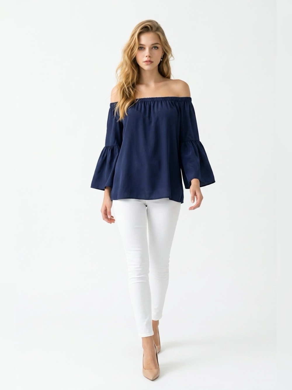 Lilly Pulitzer Navy Blue Bell Sleeve Off the Shoulder 100% Silk Tunic Top. Sz M